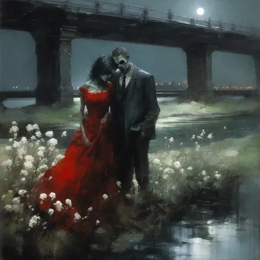 Prompt: "portrait of Moonlit beautiful couple of zombies in love: sad, dramatic, eldritch,  moon, waiting on a bridge, holding white flowers in the night, wearing a red dress, watercolour art by Jeremy Mann: nekro: oil painting: high contrast: 3D: ultra fine_art: dramatic lighting: Van Gogh, fantasy: sharp focus: pencil sketch: professional photography: ZBrushCentral: finalRender: Unreal Engine 5: Deep colors: depth of field: Trending on Artstation, by Amina Bouraoui


