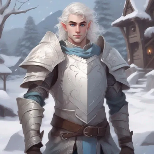 Prompt: DND a cute pale male elf with medium length wavy white hair and pale blue eyes wearing plate armor in a snowy village cute