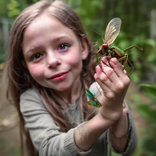 Prompt: A Goblin child holding a insect in her hands 