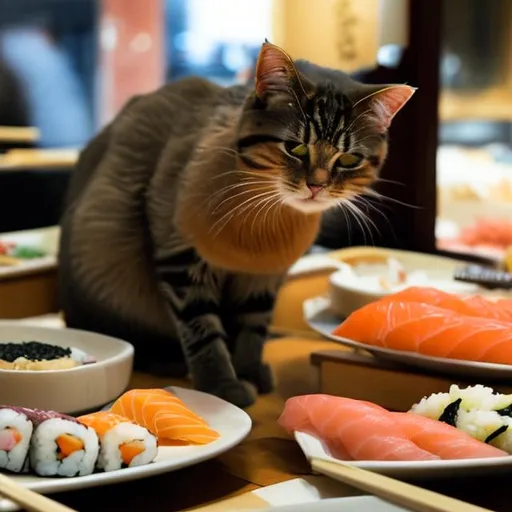 Prompt: A cat at the sushi buffet