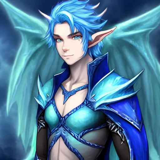 Prompt: elf male with Azure hair and dragon wings