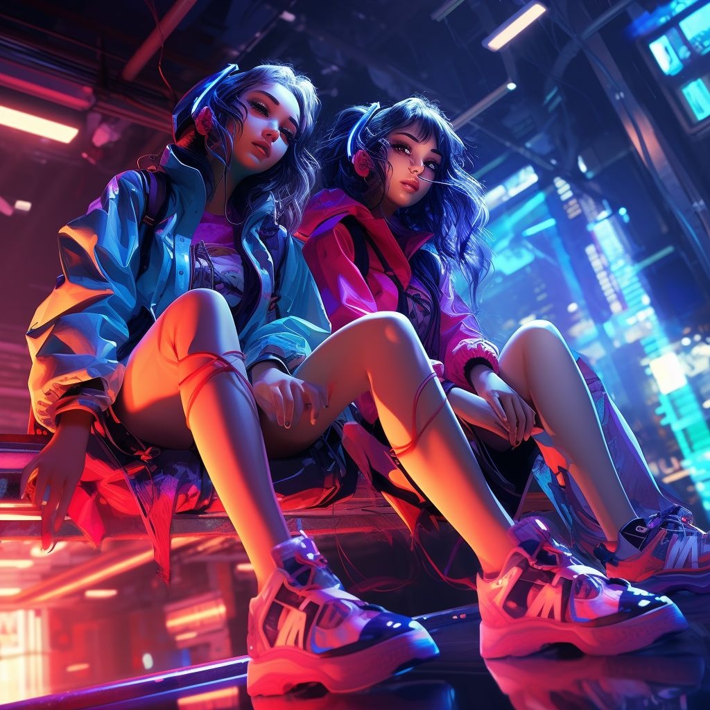 Prompt: three women in neon colors next to sneakers, in the style of cyberpunk manga, futuristic chromatic waves, dark cyan and red, three-dimensional effects, ivanovich pimenov, skottie young, hd