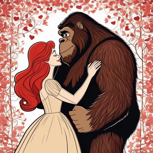 Prompt: 3D animated image in the style of the movie Tangled, featuring a beautiful red-hairred woman. She is standing on tip-toe to kiss a very large sasquatch. Both have happy, affectionate expressions that indicate they are in love..