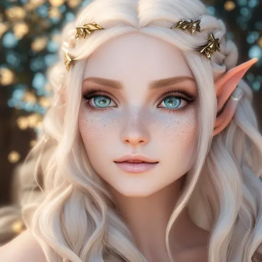 Prompt: elf female, cleric, dungeons and dragons, light blonde hair, green eyes, female, light tan, long hair, braids in hair, light freckles on cheeks, natural makeup, leather armour, revealing armour, elven city background, divine magic, beautiful face, angelic magic, wings, flowers in hair, silver in hair, gold in hair, elven female, fantasy, elf ears, natural appearance, magic in hands, natural skin, healthy skin, 8K resolution, UHD, Ultra realistic, natural lighting, cinema lighting, super fine detail, high quality, fine-tune, hair jewellery, realistic, ultra-high resolution, composition, focused, in the frame.
