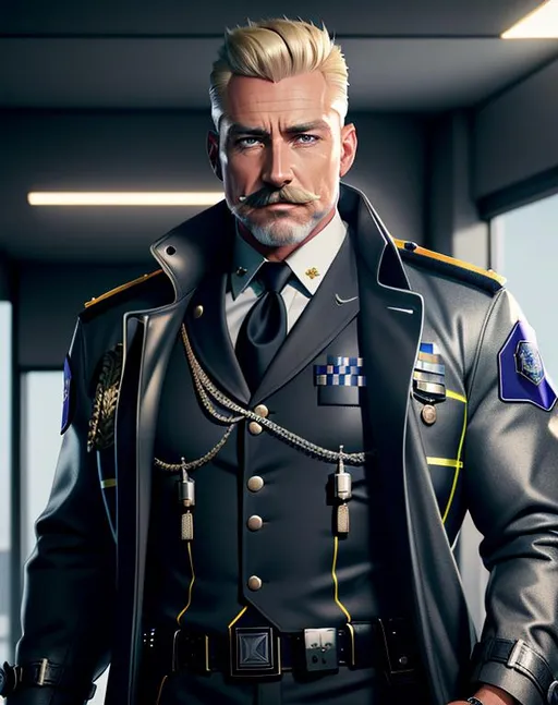Prompt: perfect composition, {45 year old}, lean {blonde Australian police chief}, {short hair}, bearded goatee {large moustache}, {wearing futuristic trench coat over police gear}, extra masculine, peak fitness, determined expression, 8k eyes, detailed face, wlop, stanley artgerm lau, artstation, hd, octane render, hyperrealism intricate details, 8k, cinematic volumetric light, proportional, sharp focus, studio photo, intricate details, highly detailed, intricate artwork masterpiece, ominous, intricate, epic, trending on artstation, highly detailed, vibrant, production cinematic character render, ultra high quality model, 