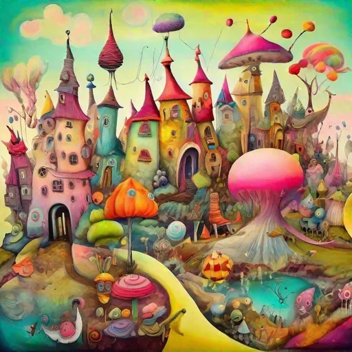 Prompt: surreal landscape with a touch of whimsy? a fantastical world with vibrant, surreal colors and a sense of playfulness. The landscape is filled with strange creatures, oversized objects, and impossible architecture. The environment is dreamlike, with a sense of wonder and magic. The mood is light and joyful, with a feeling of childlike awe. The medium is mixed media, with elements of both painting and digital art. Techniques such as collage and layering will be used to create a sense of depth and texture. inspiration Salvador Dali, Rene Magritte, and the surrealist movement.