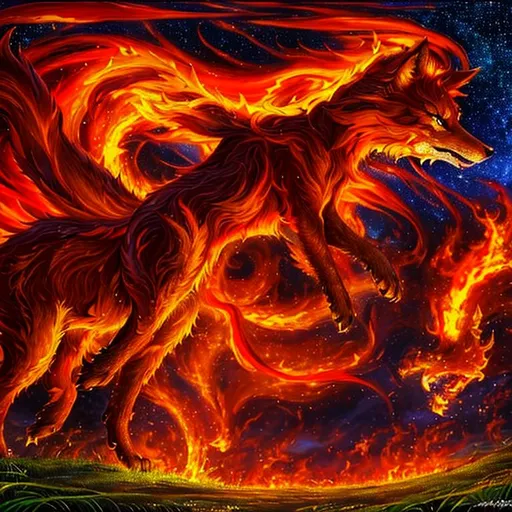 Prompt: ((masterpiece, oil painting, best quality:1.5)), fire elemental red vixen fox with multiple tails, snarling, tawny grass field, cunning, elderly but lively, growling, beautiful, pouncing, anime, vibrant, vivid colors, kitsune, ((big 8k detailed eyes)), starry sky, highly detailed, detailed background, highly detailed fur, highly detailed face, 8k eyes, UHD, professional, unreal engine