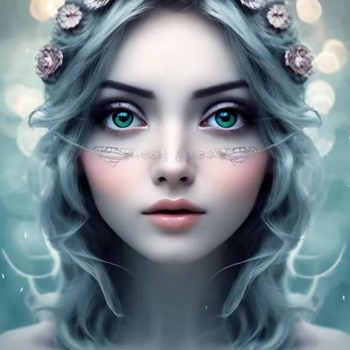 Prompt: face owl eyes goddess woman beautiful young, flower hair, smooth skin, background fade, beautiful, light blue gray background, serene, ethereal, white ambience