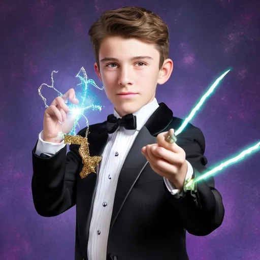 Prompt: 13 year old boy in a tuxedo casting a sparkly magic spell with his magic wand