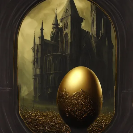 Prompt: Dark, gothic and creepy painting of a golden egg