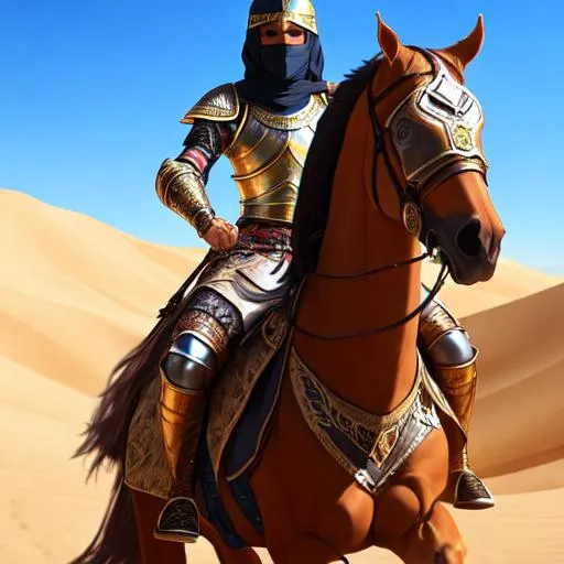 Prompt: Arabic medieval warrior on a horse, desert, blaring sun, hyper detail, 8K, octane render, majestic, hyper realism, well draw face, detailed, ornate armor, masked face