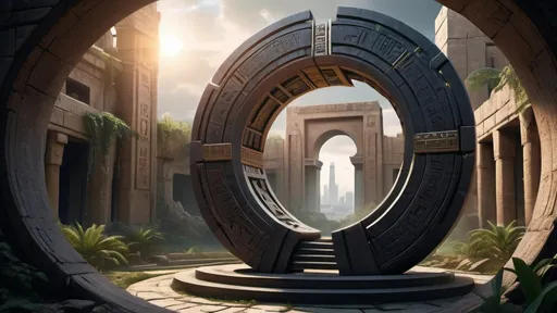 Prompt: magical portal between cities realms worlds kingdoms, circular portal, ring standing on edge, upright ring, freestanding ring, hieroglyphs on ring, complete ring, ancient babylonian architecture, gardens, ruins, turned sideways view, futuristic cyberpunk tech-noir setting