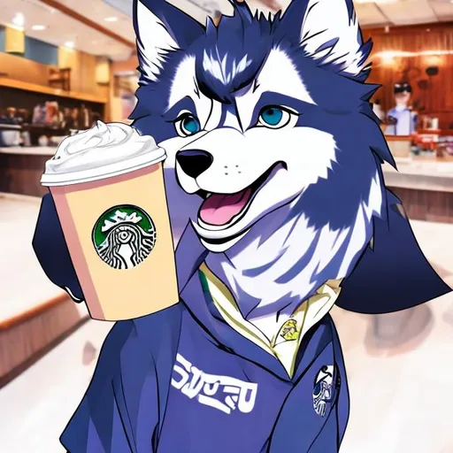 Prompt: a anime husky in star bucks