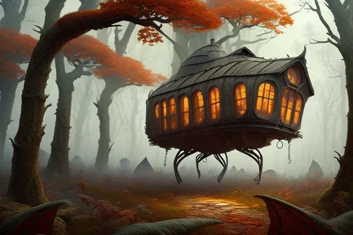 Prompt: surreal concept art of a strange winged cabin flying in an autumnal forest, foggy, gloomy, lots of details, intricate scene, correct, digital painting, fine tuned,  64k