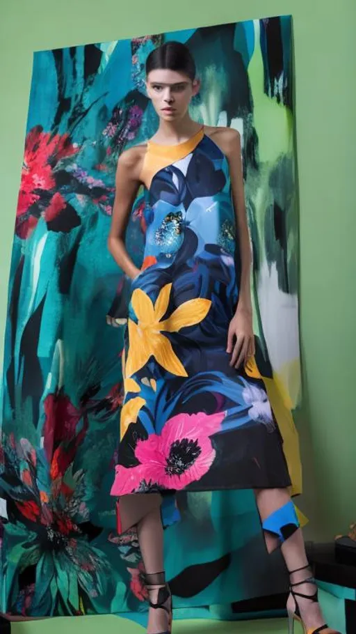 Prompt: A fashion designer's new collection showcase  with  abstract floral prints and a burst of color.