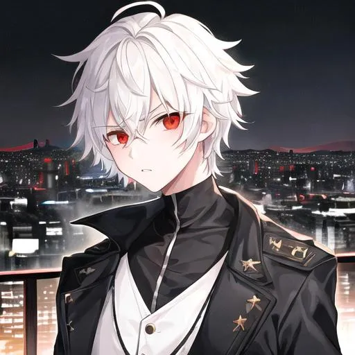 Prompt: 1boy, male, adult, calm demeanor, short_hair, hyperrealisitic, white_hair, black aura, blood, messy_hair, alternate costume, black jacket, red eyes, angry, 4K, HDR, detailed face, detailed background, tokyo, night_sky, city, jacket
