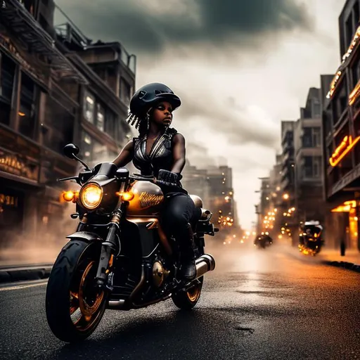 Prompt: (masterpiece, best quality:1. 5), panoramic, wide angle, low angle portrait of action photography of steampunk black girl riding motorbike made from brass, afro puff ponytail hair, movement, dynamic, motion, motion blur, dust , wet road, skyline of a beautiful steampunk western city in the background, highly textured, highly detailed, gritty, rusty, ominous clouds, stormy weather, rain, soft colors, muted colors, depth of field, cinematic, UHD, HDR, 8K, close up