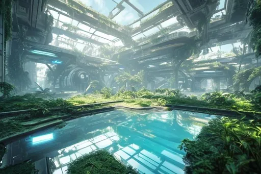Prompt: Abandoned Futuristic City Overgrown With Lush Green Plants Light Blue Sky Reflection Pool High Resolution 8k