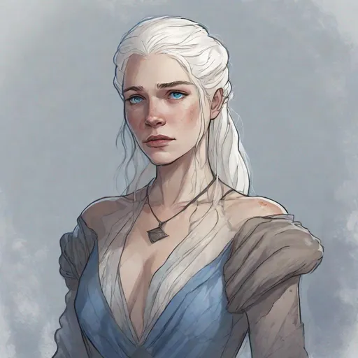 Prompt: Game of Thrones Female with shoulder-length white hair, No necklace, Lucious thicker lips, Intimidating blue eyes with scars and bruises, Member of House Arryn, wearing a translucent dress, dirty body