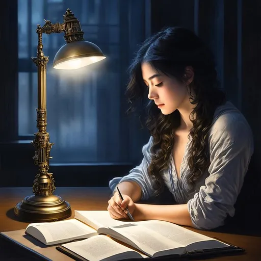 Prompt: A beautiful student lady studies alone at night before a difficult exam in the Dark Academia study room. It's the perfect time for deep focus. Lighting: diffuse night light and the light circle of an old desk lamp. Luis Royo, highly detailed work, dark blue ink and gold watercolor. Hyperrealistic, splash art, concept art, mid shot, intricately detailed, color depth, dramatic, 2/3 face angle,