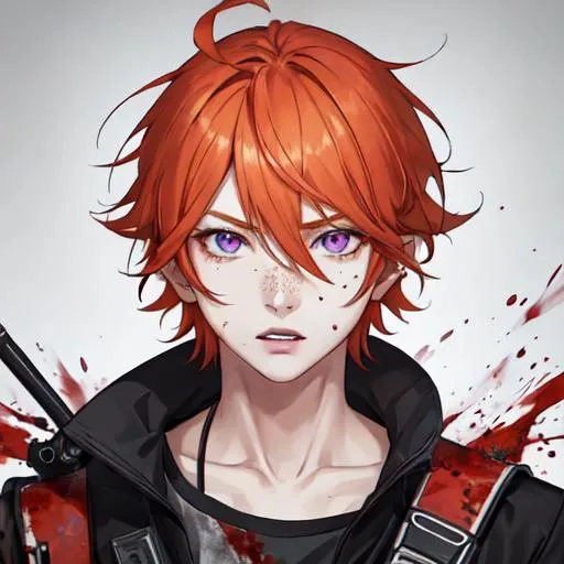 Prompt: Erikku male adult (short ginger hair, freckles, right eye blue left eye purple) UHD Highly detailed, insane detail, anime style, covered in blood, psychotic, pointing a shotgun straight at the camera