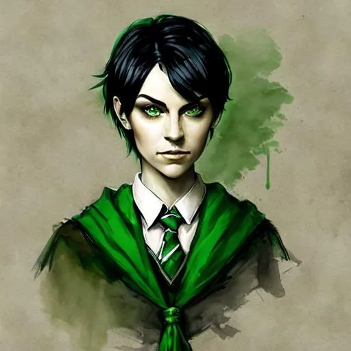 Prompt: portrait of a Hogwarts themed Slytherin wizard with short black hair styled in a bob and green eyes wearing a school uniform and pleated skirt with sneakers