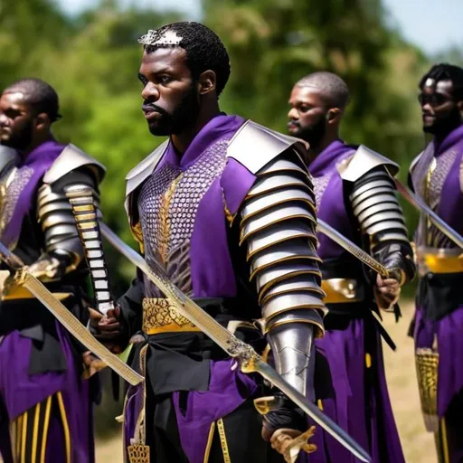 Prompt: Tall black men with purple and gold armor holding swords 