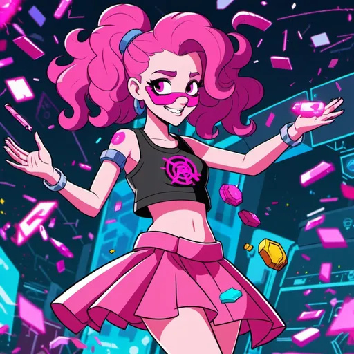 Prompt: cyberpunk equestria girls pinkie pie with pink skin wearing a crop top and skirt, with cybernetics, throwing confetti