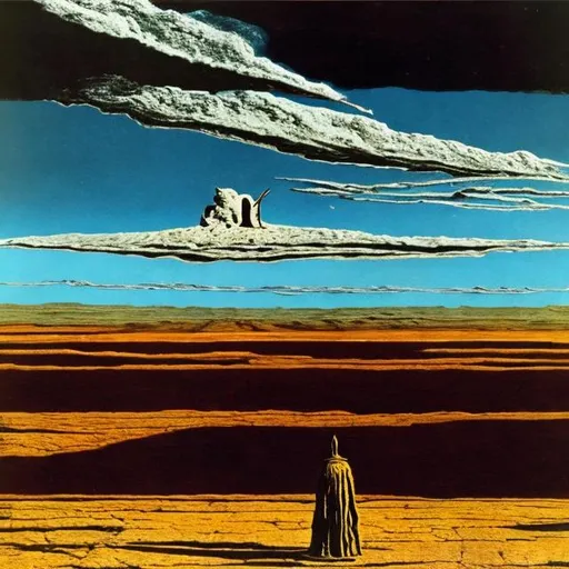 Prompt: A lone figure standing in a wide open space at the end of the world in the style of Salvador Dali 