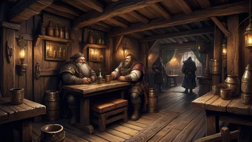 Prompt: Warhammer fantasy RPG style interior of an inn, gloomy eerie atmosphere, wooden furniture and decor, rich and detailed tapestries and curtains, high res, detailed, painterly, fantasy, dark lighting,  dark atmosphere, detailed wooden furniture, ornate design, atmospheric lighting, few suspicious looking gloomy detailed people, dwarf, humans, warriors, workers, sailors, woman, thief, soldier, merchants, lit chimney, pub, wooden mugs, realistic, atmospheric setting