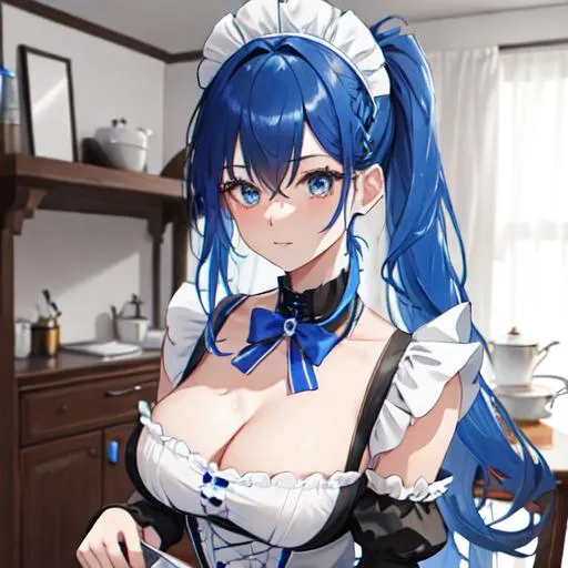 Prompt: (blue Messy hair with front spikes) 1female wearing a maid outfit