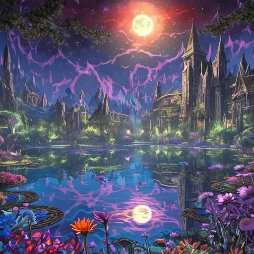 Prompt: Epic beautiful large pond surrounded by bright colorful flowers at night under a full moon at night dungeons and dragons style 