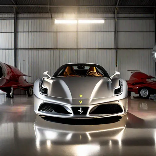 Prompt: ferrari, polished silver metal, product studio shot, on a hangar in background, diffused lighting, centered.