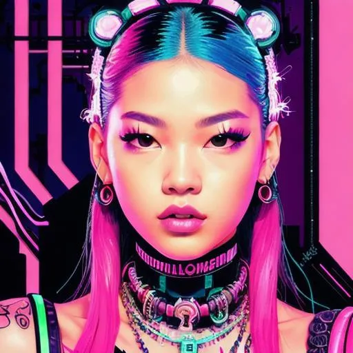 Prompt: A detailed portrait of a cyberpunk Jennie from Blackpink as a cyborg in a Futuristic Cityscape and Neon Pink Flamingo, Street Art, Graffiti Style, Bold, Digital Painting, Urban, Edgy, Colorful, 8K, Intricate Details illuminated by a neon sunset, by Alex Konstad, Tatsuya Ishida, and Patrick Brown, dramatic lighting, hyper-realistic details, with digital painting techniques, trending on Artstation, cinematic cinematic lighting.