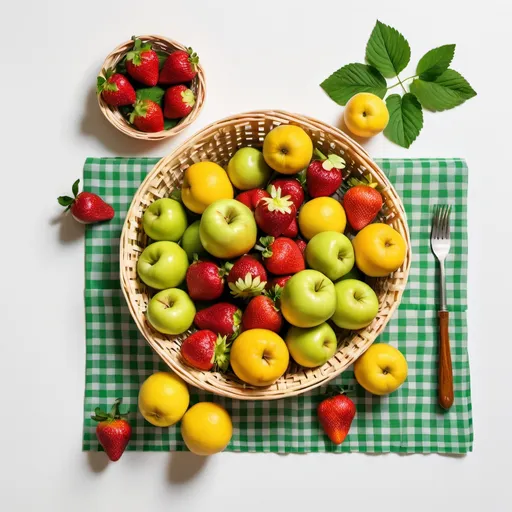 Prompt: a tablecloth with fresh green checkers laid flat on a completely white background. a cane basket filled with fruit is placed in the centre of the tablecloth. a few strawberries are lying around the basket on the tablecloth, there is a strong yellow light shining on the fruits in the basket and fruits on the tablecloth.