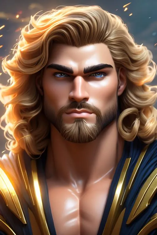 Prompt: ortrait of {character} with {color} hair and with cute face, {background}, perfect composition, hyperrealistic, super detailed, muscle greek god, strong warrior, golden hair, golden eyes, golden sideburns, white greek suit, fantasy art, magic weapon bow, ultra detailed, 64k resolution, curly hair, intricate details, man bun hair knot, waterfalls background ,trending art, trending on artstation, sharp focus, studio photo, intricate details, highly detailed,