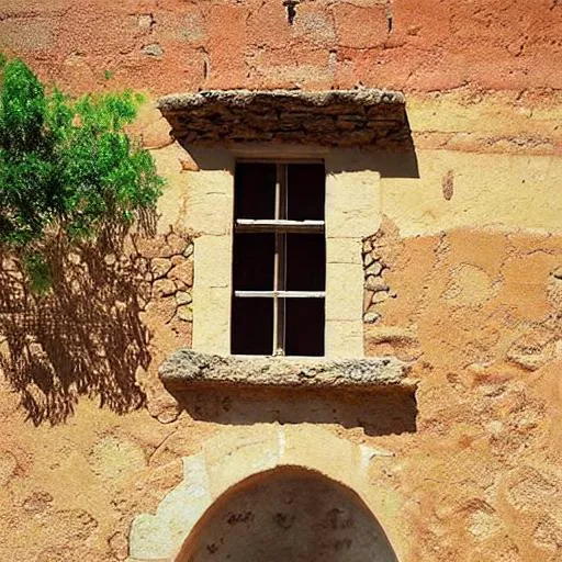 Prompt: pared española con ventana antigua. oleo trazos suaves