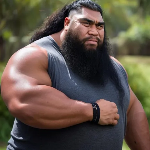 Prompt: Samoan man, thick, muscular, fat, huge, big, tall, big shoulders, wide neck, long hair and beard, baggy shirt