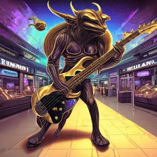 Prompt: Endomorphic Golden Minotaur playing bass guitar in a busy alien mall, widescreen, infinity vanishing point, galaxy background