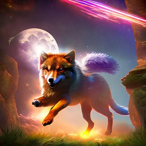 Prompt: Digital art, fantasy art, epic perspective, very colorful,running wolves, Hyper detailed, magical lighting with lens flares,detailed, digital art