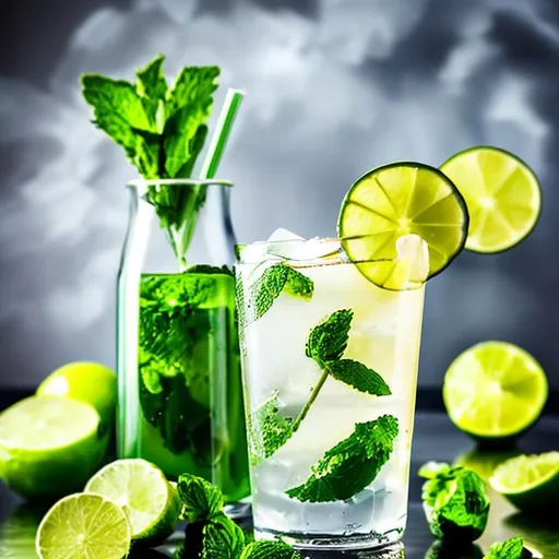 Prompt: Mojito drink with lime wedge, cocktail glass, green, yellow, bright, summer, cloudy white liquid, water color, silver metal straw and ice cold, dew, mint, black background