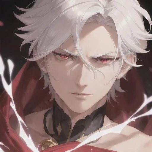 Prompt: "A close-up photo of a handsome prince with short hair, white hair, glowing red eyes, wearing a kings robe, in hyperrealistic detail, with a slight hint of disgust in his eyes. His face is the center of attention, with a sense of allure and mystery that draws the viewer in, but his eyes are also slightly downcast, as if a sense of disgust is lingering in his thoughts. The detailing of his face is stunning, with every pore, freckle, and line rendered in vivid detail, but the image also captures the subtle emotions of disgust that might lie beneath his surface."