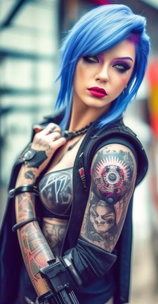 Prompt: Beautiful Cyberpunk female tattoos, strong apocalyptic, swords, guns, axes, anatomical, colorful, gothic, mech, hazardous waste, explosions 