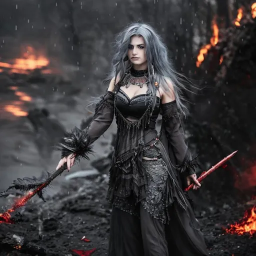 Prompt: (magic:3), sad,(woman:1.4), (full body),  closed legs, (pants:1.5), trousers, messy hair, detailed clothing, old dress, [blood:rain:0.5], gray leafs, obsidian spikes with red tip, fire lake, increase gray-red,  high quality, obsidian spikes background, obsidian red tip, red tip, detailed background, obsidian spike in arm, obsidian stick in arm