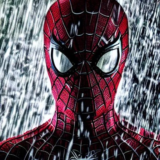 Prompt: Spider man sad in rain