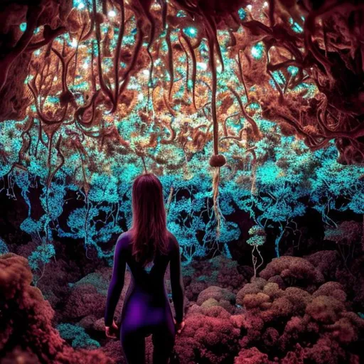 Prompt: One woman freediver in the blue deep, dark space, glowing, luminescent algae, Dark Cave, silver wetsuit, mushrooms, bid space, long hair swimming, long algae, stand