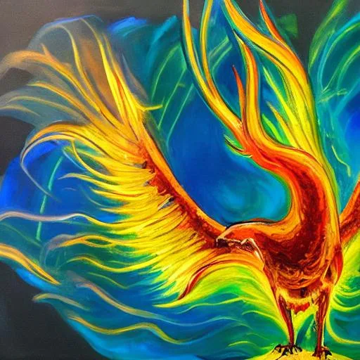 Golden phoenix erupting out of bright blue water wit... | OpenArt