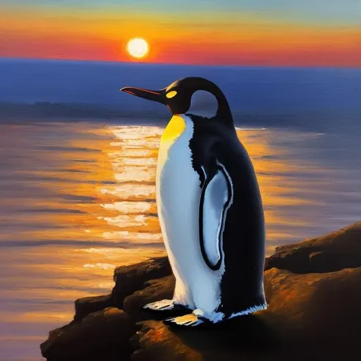 Prompt: oil painting penguin on it standing on a cliff over a sun set