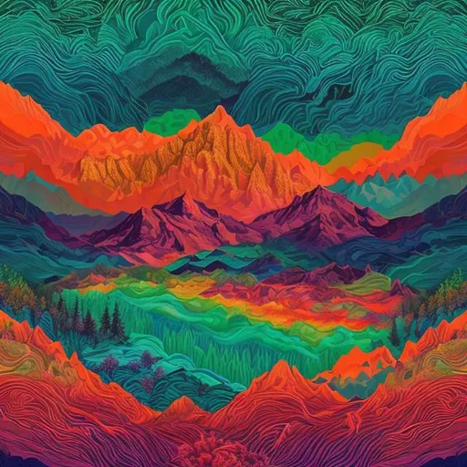 Prompt: a wanderlust artist under the influence of cannabis, visualising vibrant patterns and colors of mythical landscapes