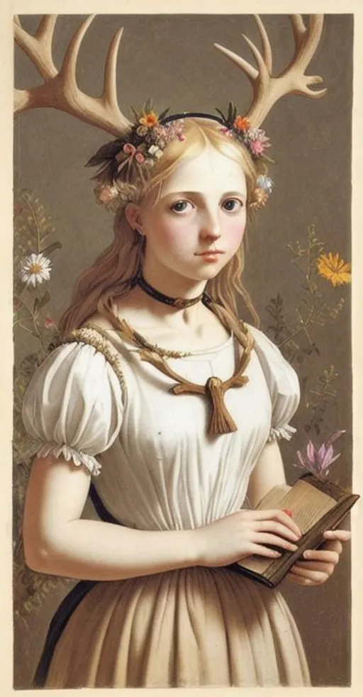 Prompt: Blond girl with flowers in her hair, antlers, crucifix around her neck, wearing a dress, holding a bible, flora growing all around her, in the art style of Artemisia Gentileschi and Titian